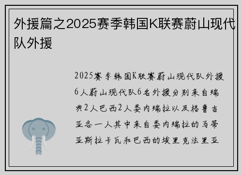 外援篇之2025赛季韩国K联赛蔚山现代队外援