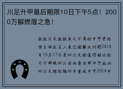 川足升甲最后期限10日下午5点！2000万解燃眉之急！